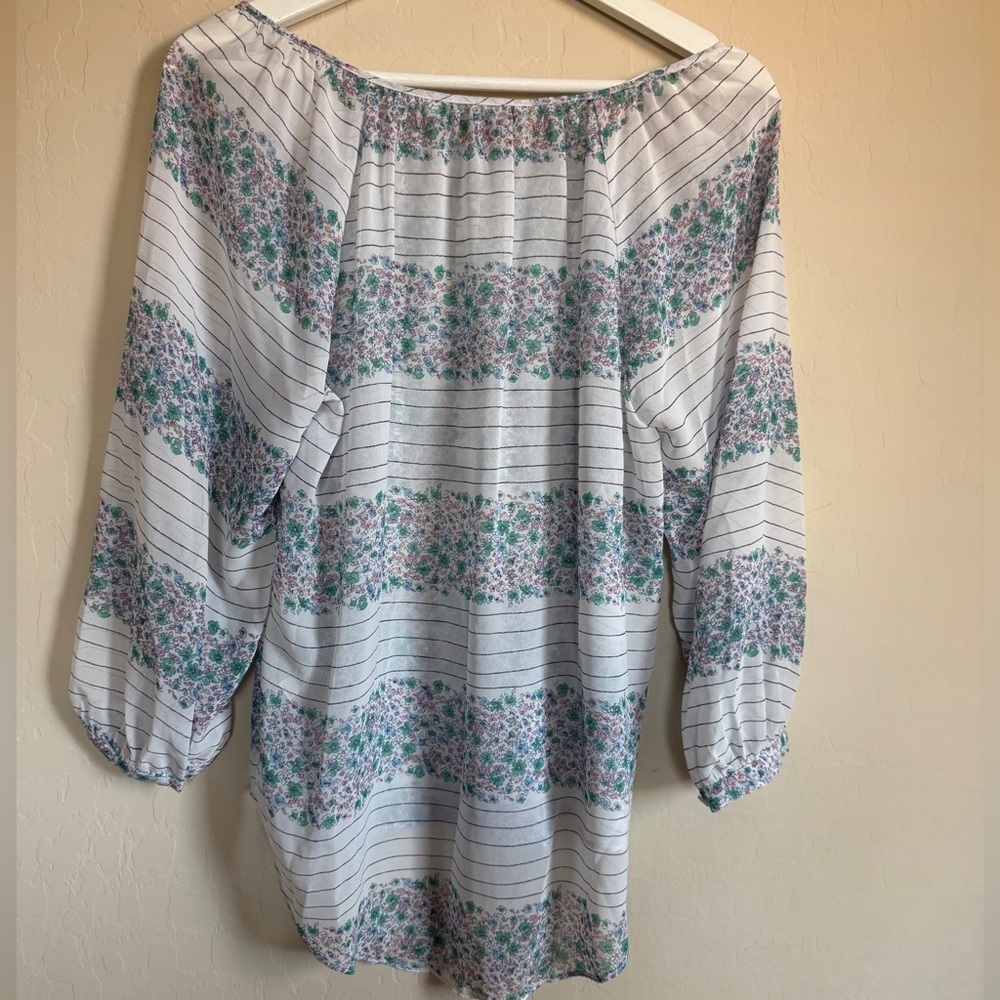 Lauren Conrad Floral Striped Women's 3/4 Sleeve Sheer Top Spring Floral Medium - Picture 2 of 6